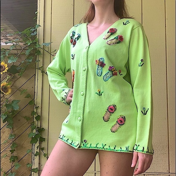 Vintage Quaker Factory long Cardigan 1X green sequence flower butterfly eclectic - Picture 16 of 16
